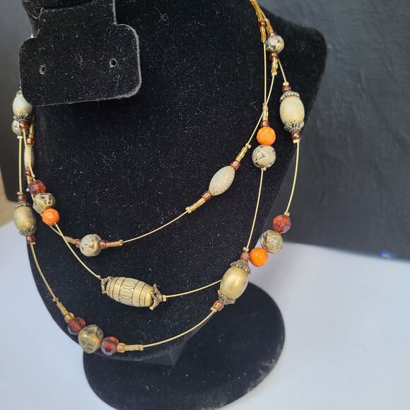 Earthy Triple Strand Floating Station Bohemian Brass Rust & Garnet Necklace 17" - Picture 9 of 14